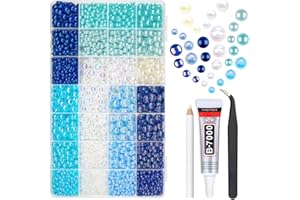 qiipii 28 Types Blue Flatback Pearls w B7000 Jewelry Glue for Bedazzling Crafting 3mm 4mm 5mm 6mm 8mm 10mm Flatback Colorful AB Half Pearls Charms for Nails Face Eyes Makeup Crafts Tumblers Bottles