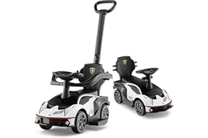 HONEY JOY Push Cars for Toddlers, Lamborghini Kids Toy Car Stroller w/Push Handle & Detachable Guardrail, Horn & Engine Sound, Seat Storage, Foot-to-Floor Ride On Push Car for Boys Girls(White)