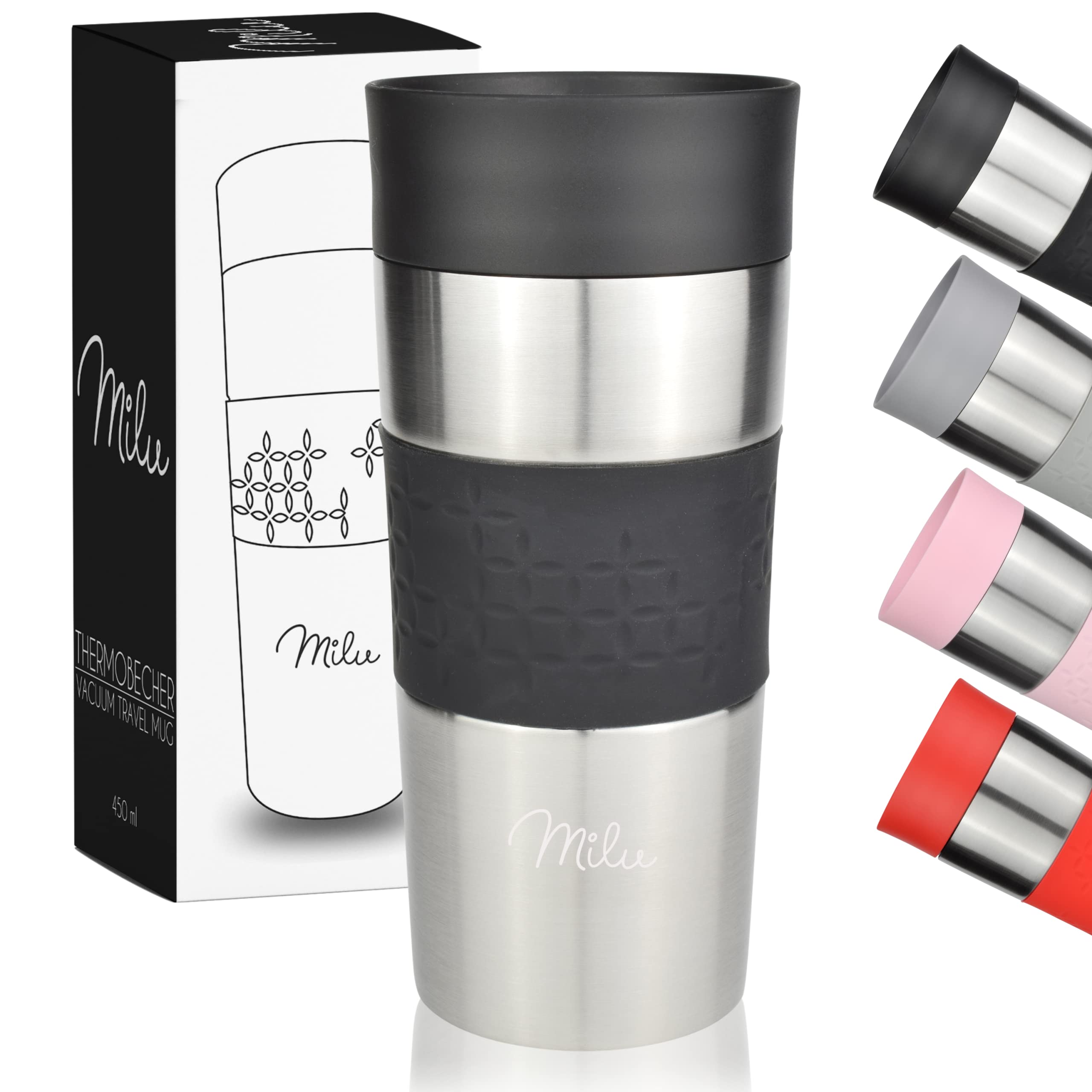 Milu Thermo Mug 350ml & 450ml - Insulated Mug Coffee Mug to go, 100% Leak Proof, Drinking Mug Stainless Steel, Car Mug Double Wall Insulation, Thermo Mug, Travel Mug (Black, 350ml)
