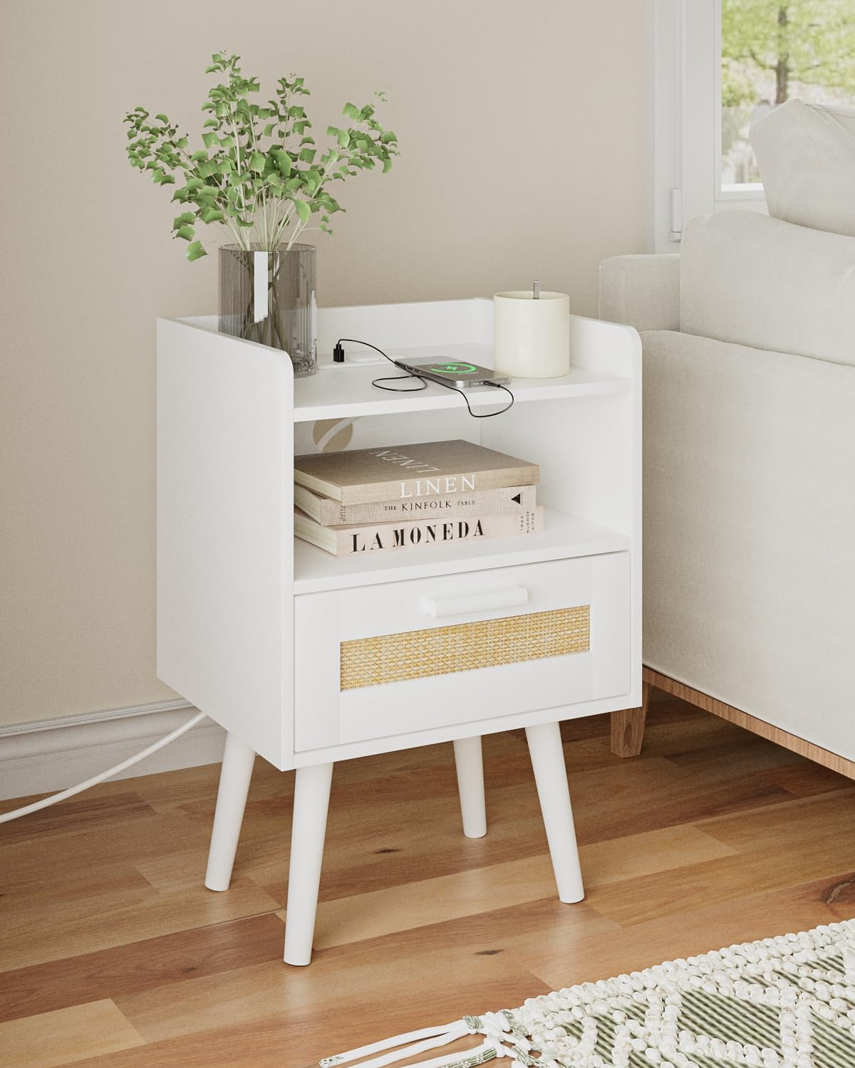Photo 1 of AEPOALUA Nightstand,Boho Bedside Table,Rattan Night Stand with Rattan Decorated Drawers,Bedside Furniture, Wood End Table for Bedroom,Living Room,Natural (Bohemian-Outlet, White)