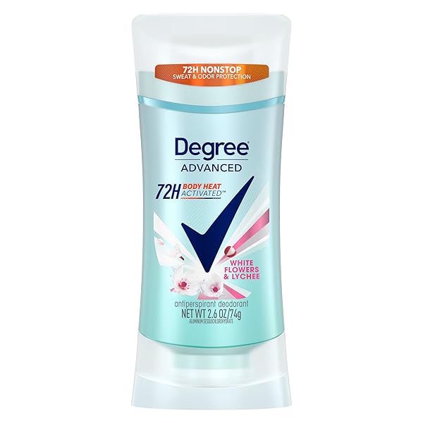 DEGREE ADVANCED PROTECTION ANTIPERSPIRANT DEODORANT WHITE FLOWERS & LYCHEE FOR 72-HOUR SWEAT & ODOR CONTROL FOR WOMEN, WITH BODY HEAT ACTIVATED TECHNOLOGY, 2.6 OZ