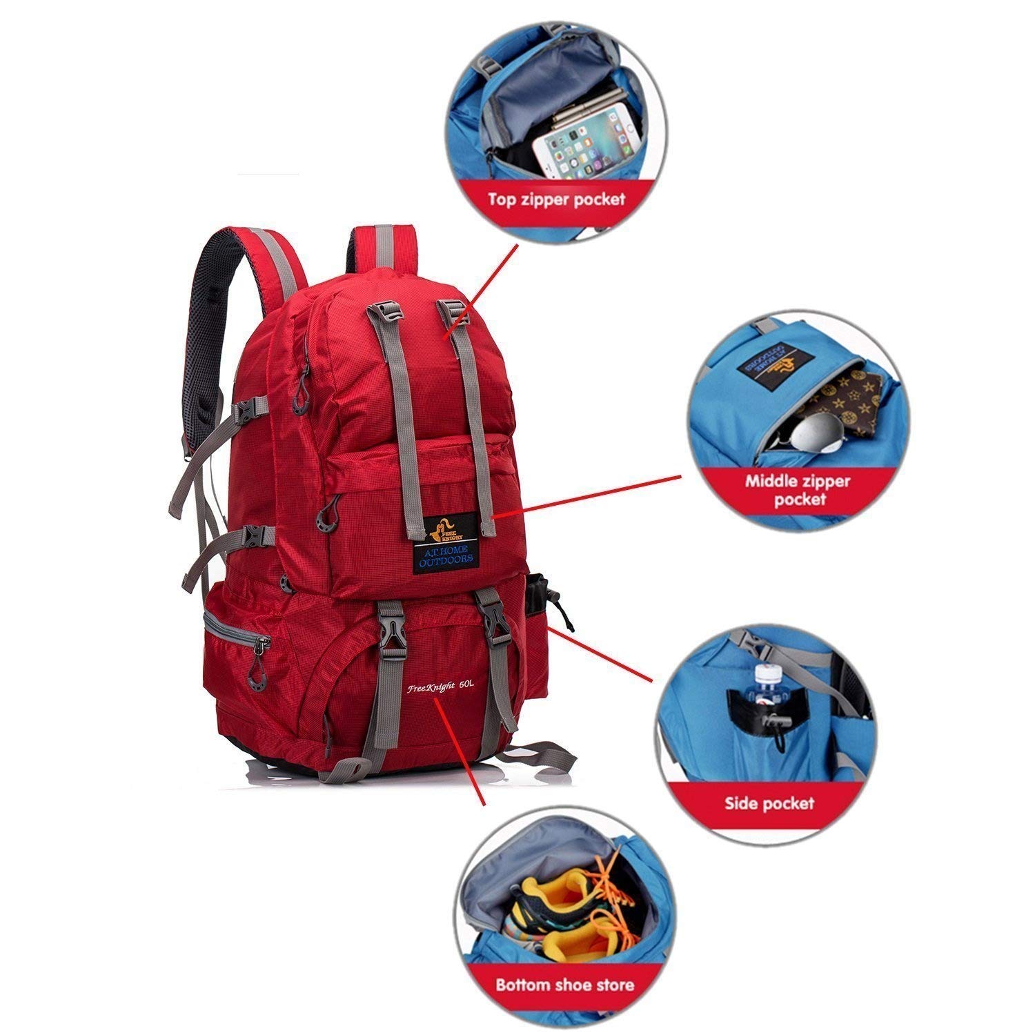 50L Mochila Senderismo GENOLD Bolsa Multifunción Impermeable Deportes Al Aire Libre Bolsa de Viaje de Día para Acampar Trekking Pesca de Viaje Ciclismo Esquí de Ocio-Roja