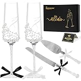 Wedding Toasting Flutes and Cake Server Set of 4 - Champagne Glasses and Knife Server Set, Bride and Groom Wine Glasses and Cake Knives Set Gifts for Bridal Shower Anniversary Engagement Chirstmas