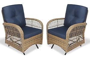 VIVIJASON 2-Piece Outdoor Wicker Glider Rocking Chair, Patio Rattan Swing Glider Chairs with Cushions & Steel Frame, All-Weather Gliding Lawn Wicker Furniture for Garden Backyard Porch, Navy Blue