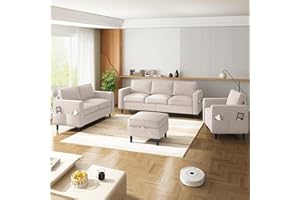 ADOWORE 3 Pieces Sofa Sets Furniture for Living Room, Linen Fabric 3 Seater Sofa with Ottoman and Loveseat and Armchair Sets, Modern L Shaped Couch + Love Seat + Accent Chair Sets,Beige