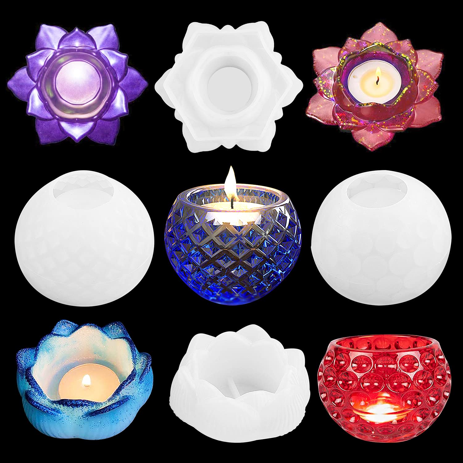 4 Pieces Tealight Candle Holder Resin Mold, Lotus Flower Iceberg Silicone Resin Molds for Epoxy Resin, Resin Molds Silicone Kit for Jewelry Storage Box, Candle Holders, DIY Crafts