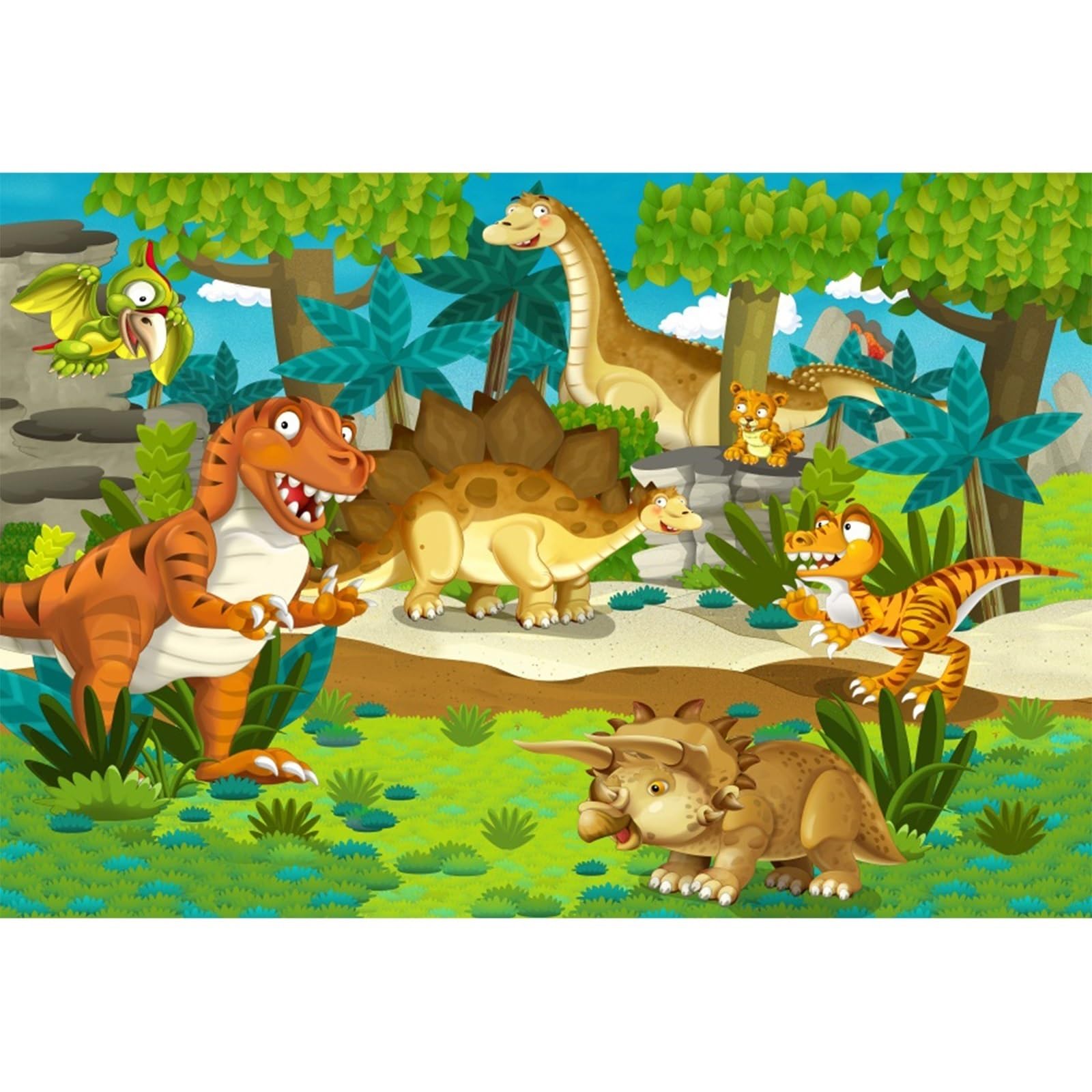 YongFoto 7x5ft Photography Backdrop Cartoon Jurassic Period Dinosaur Animals Zoo Park Trees Green Grassland Birthday Photo Background Backdrops Photography Video Party Kids Photo Studio Props