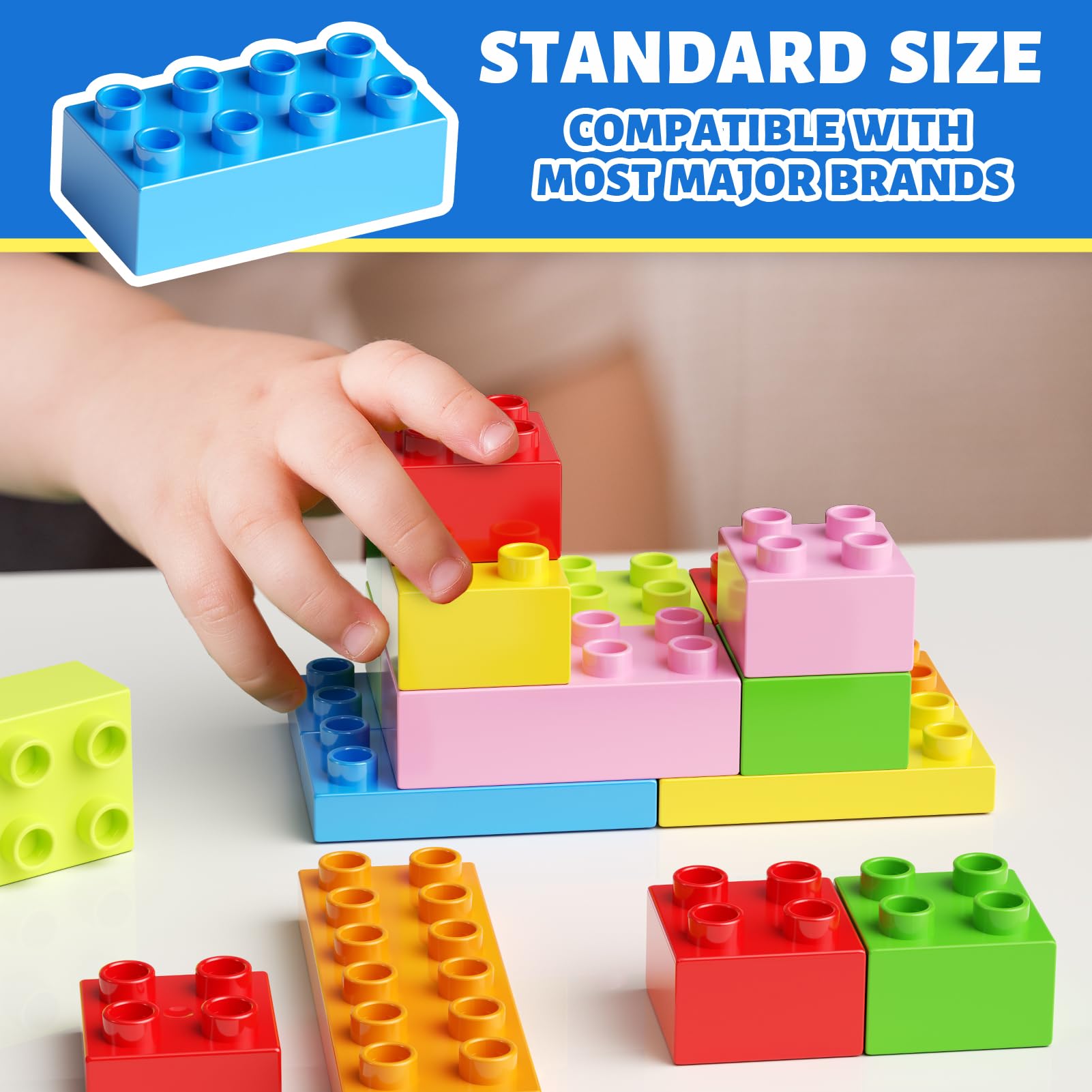 burgkidz 150PCS Jumbo Building Blocks with Clear Storage Box & Baseplate Lid - STEM Educational Toys for Toddlers 3+ Years, Compatible with Major Building Systems
