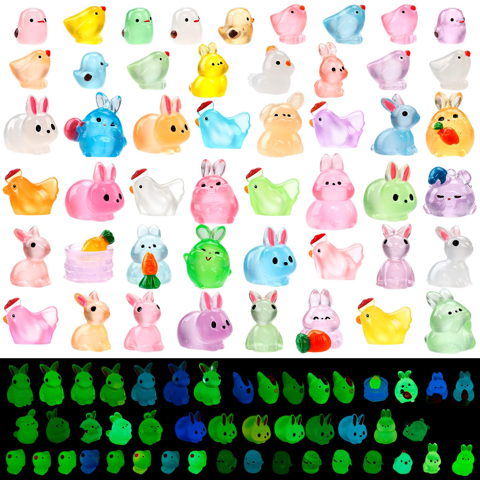 VICROIC 50 PCS Easter Luminous Mini Resin Figures, Tiny Small Bunny Chick Penguin Miniature Animals Glow in The Dark for Dollhouse, Garden, Micro Landscape, Eggs Fillers Decor, Easter Party Favors