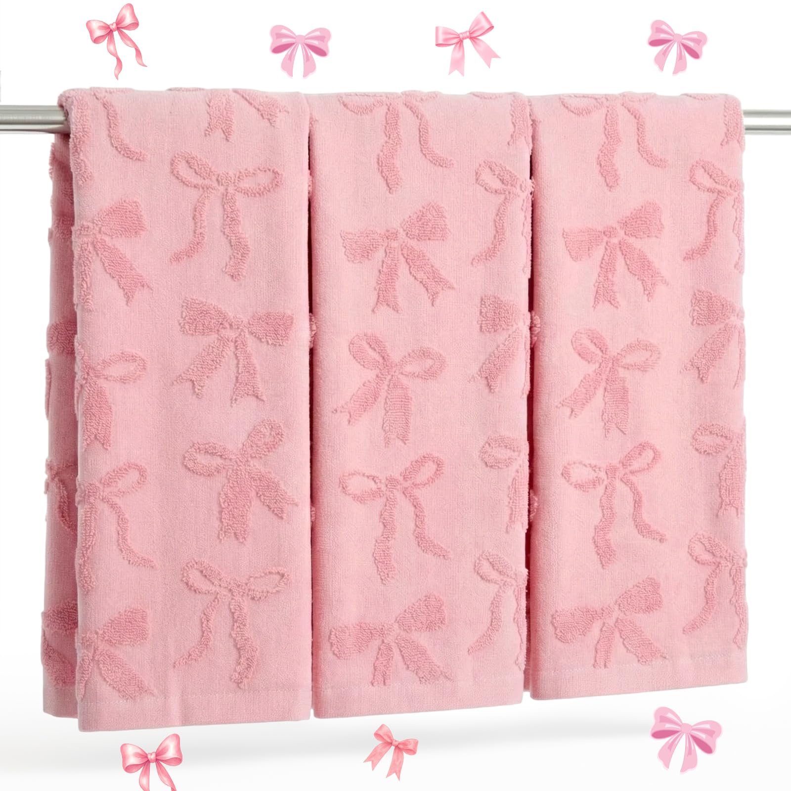 Photo 1 of Gilprop 3 Pcs Pink Bow Hand Towels for Bathroom Cotton Absorbent Pink Kitchen Towels 29.5 x 13.7 Inch Decorative Jacquard Facecloth for Preppy Bathroom Decor Bridal Shower Wedding Gift