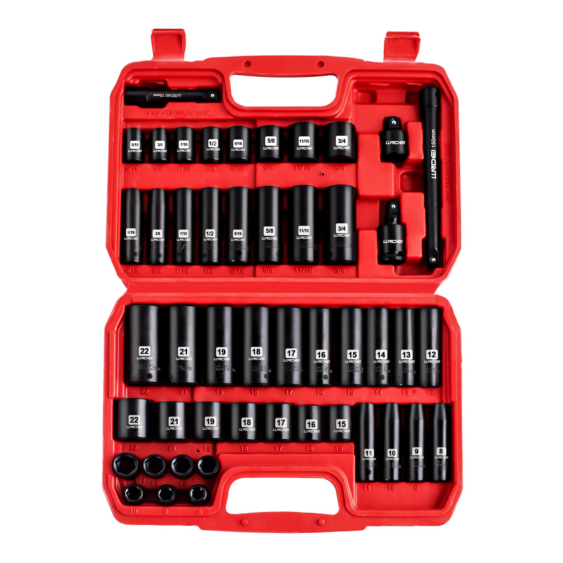 Photo 1 of LLNDEI 3/8" Drive Impact Socket Set SAE and Metric (5/16"- 3/4", 8-22mm) 48pcs, CR-V Steel, 6 Point Sockets, Extension Bar (3-in, 6-in), 1/2"F to 3/8"M Reducer Universal Joint