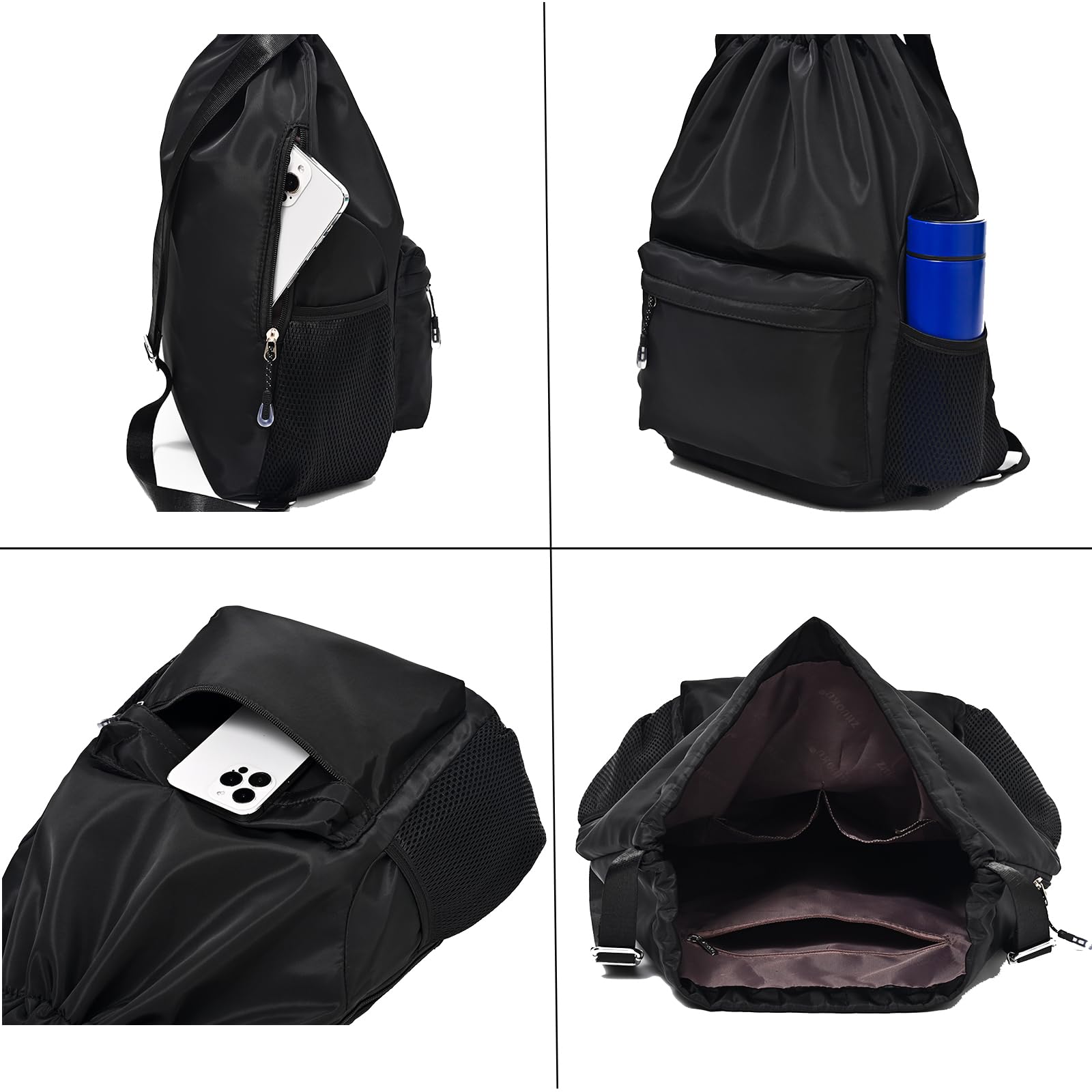 Black Drawstring Backpack for Women, Waterproof Drawstring Gym Bag for Men, Small Cinch Sack for Basketball, Pull String Sport Bag for Soccer.