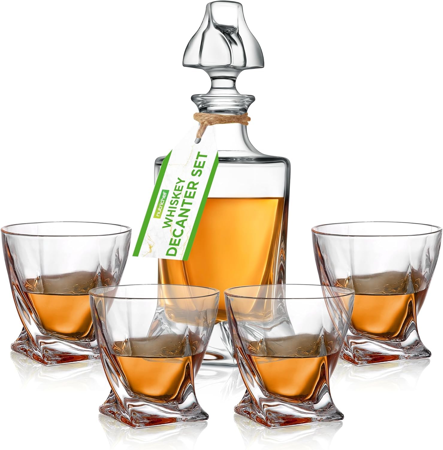 NUTRICHEFKITCHEN WHISKEY DECANTER SET, CRYSTAL GLASS, INCLUDES FOUR 750ML GLASSES, ELEGANT HOME BAR, NATURALLY AERATES, SEPARATES SEDIMENT, BPA FREE, EASY TO CLEAN, DURABLE, FOOD GRADE SAFE Image