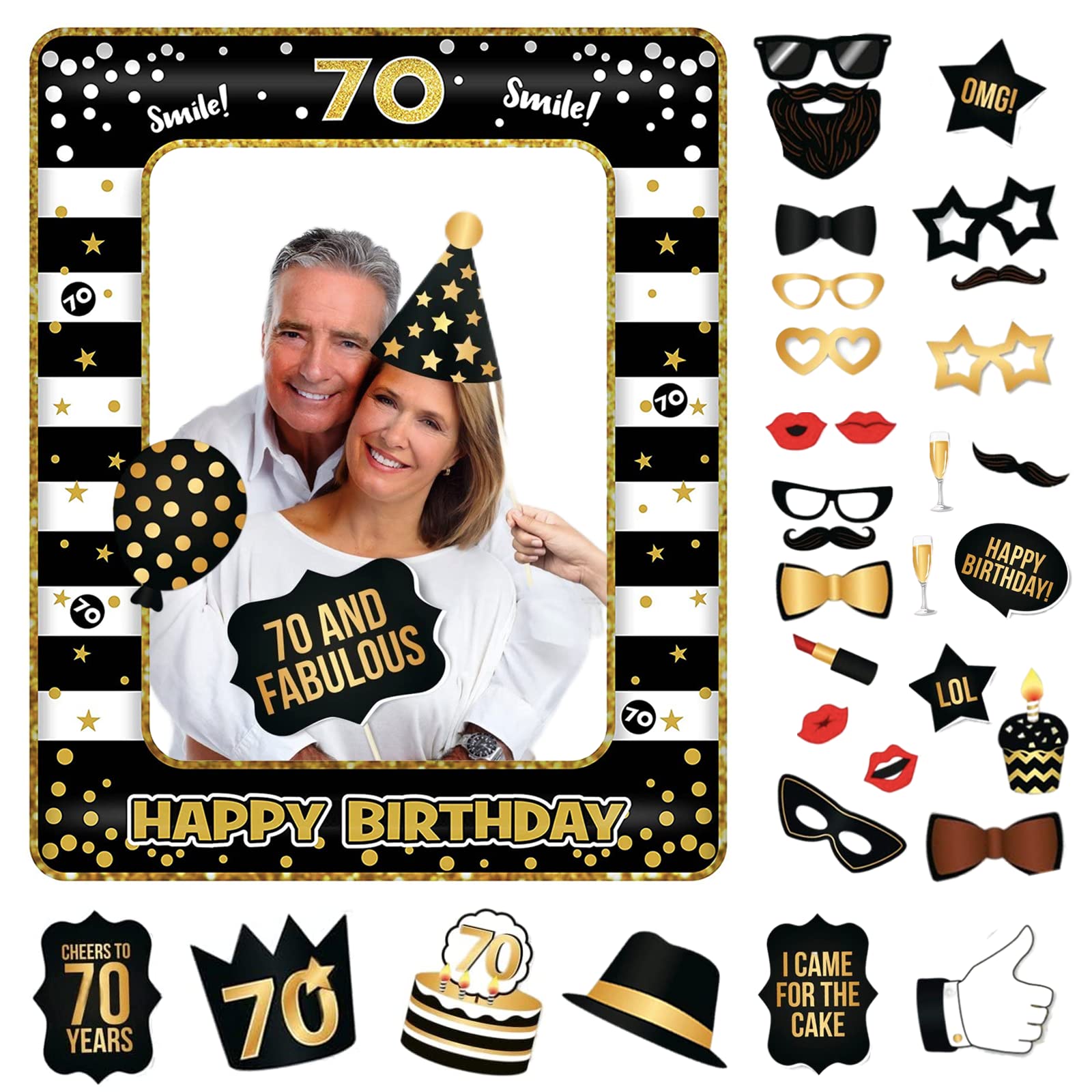POPOYU 70th Birthday Decorations Girls Boys, Black Gold Inflatable Selfie Frame&34Pcs Photo Booth Props, Giant Party Frame for Ladies Men Decorations, 10x20cm