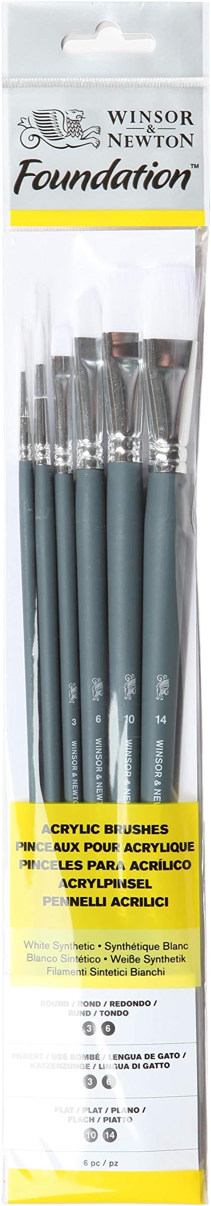Winsor & Newton Foundation Acrylic Brush Pack of 6 White Synthetic