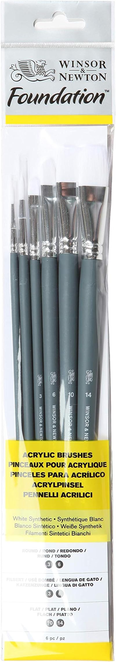Winsor & Newton Foundation Acrylic Brush Pack of 6 White Synthetic