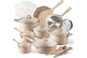 CAROTE 25pcs Ceramic Pots and Pans Set, Healthy Kitchen Cookware Sets, Kitchen Induction Pots and Pans Cooking Sets, Taupe