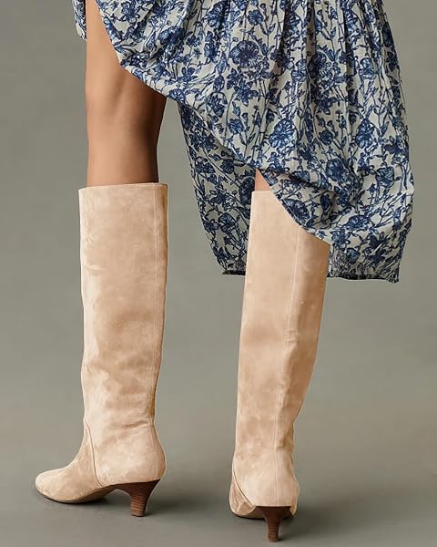 COUTGO WOMENS KNEE HIGH BOOTS WIDE CALF KITTEN HEEL POINTED TOE LONG BOOTS PULL ON WINTER DRESS SHOES,NUDE,SIZE 9