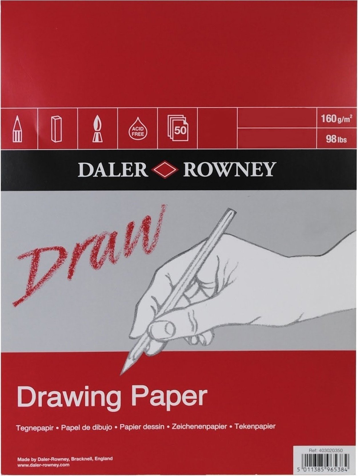Daler-Rowney Drawing Medium Grain 160gsm A5 Paper Pad, Glued 1 Side, 50 Sheets, For Professional Artists & Students