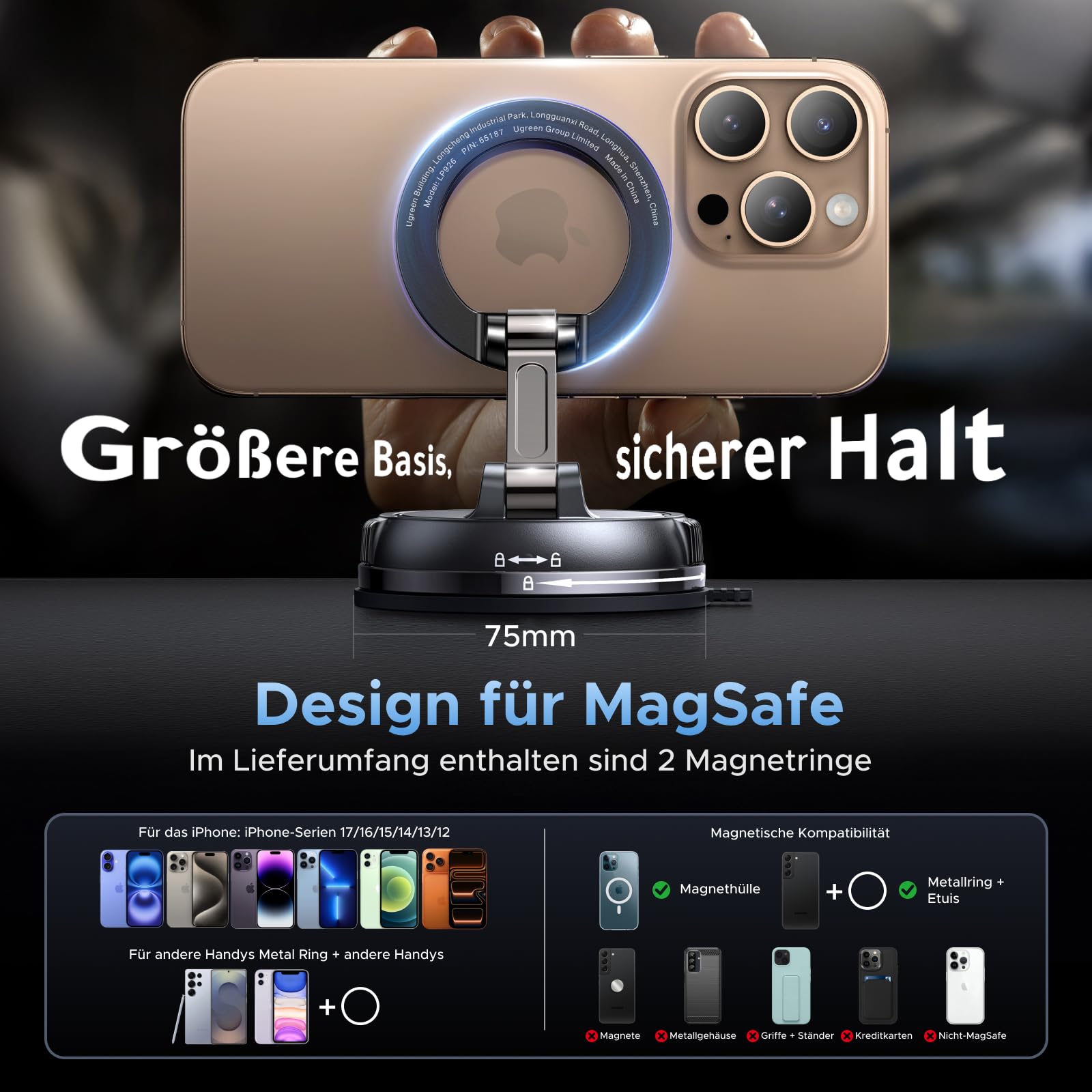 UGREEN Handyhalterung Auto für Magsafe Autohalterung mit N55 Starker Magnet, Handy Halterung Auto mit Vakuum Saugnapf & Nano-Gel-Pad Kompatibel mit iPhone 17 16 15 14 13 12 Pro Max 8