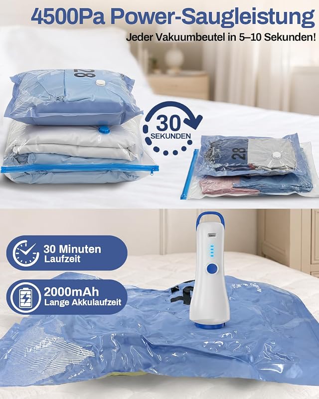 Vakuumbeutel für Kleidung mit Kabelloser Vakuumpumpe, 8 Stück (4 * 100 x 80cm, 4 * 74 x 54cm), Wiederverwendbare Vakuumierbeutel Kleidung Geeignet für Reisen, Tägliche Aufbewahrung
