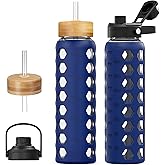MUKOKO Glass Water Bottles, 32oz Glass Tumbler with Straw, Drinking Bottles with 2 Lids-Handle Spout Lid&Bamboo Straw Lid, Motivational Water Bottle with Time Marker and Silicone Sleeve, 1 Pack-Blue