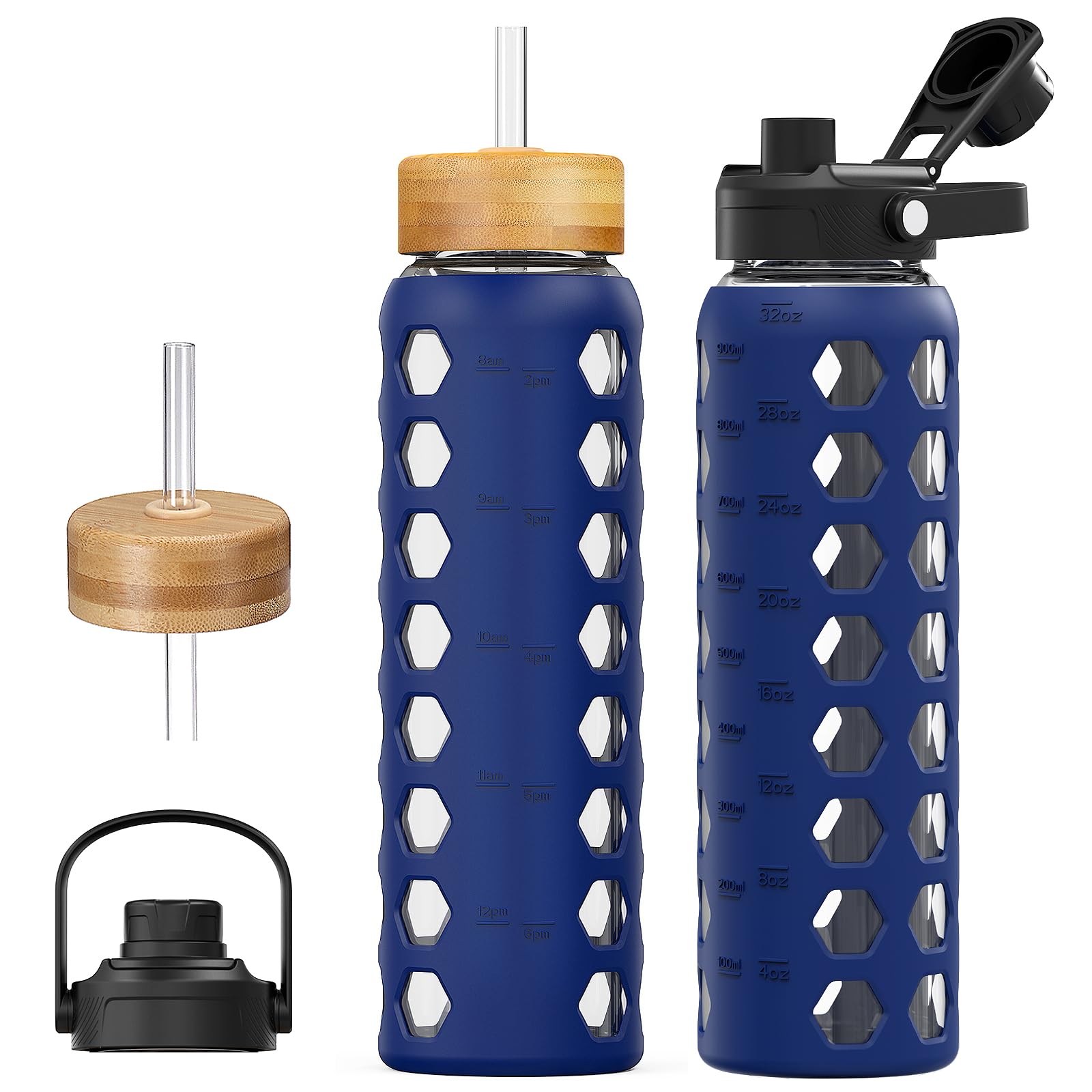 Photo 1 of MUKOKO Glass Water Bottles, 32oz Glass Tumbler with Straw, Drinking Bottles with 2 Lids-Handle Spout Lid&Bamboo Straw Lid, Motivational Water Bottle with Time Marker and Silicone Sleeve, 1 Pack-Blue