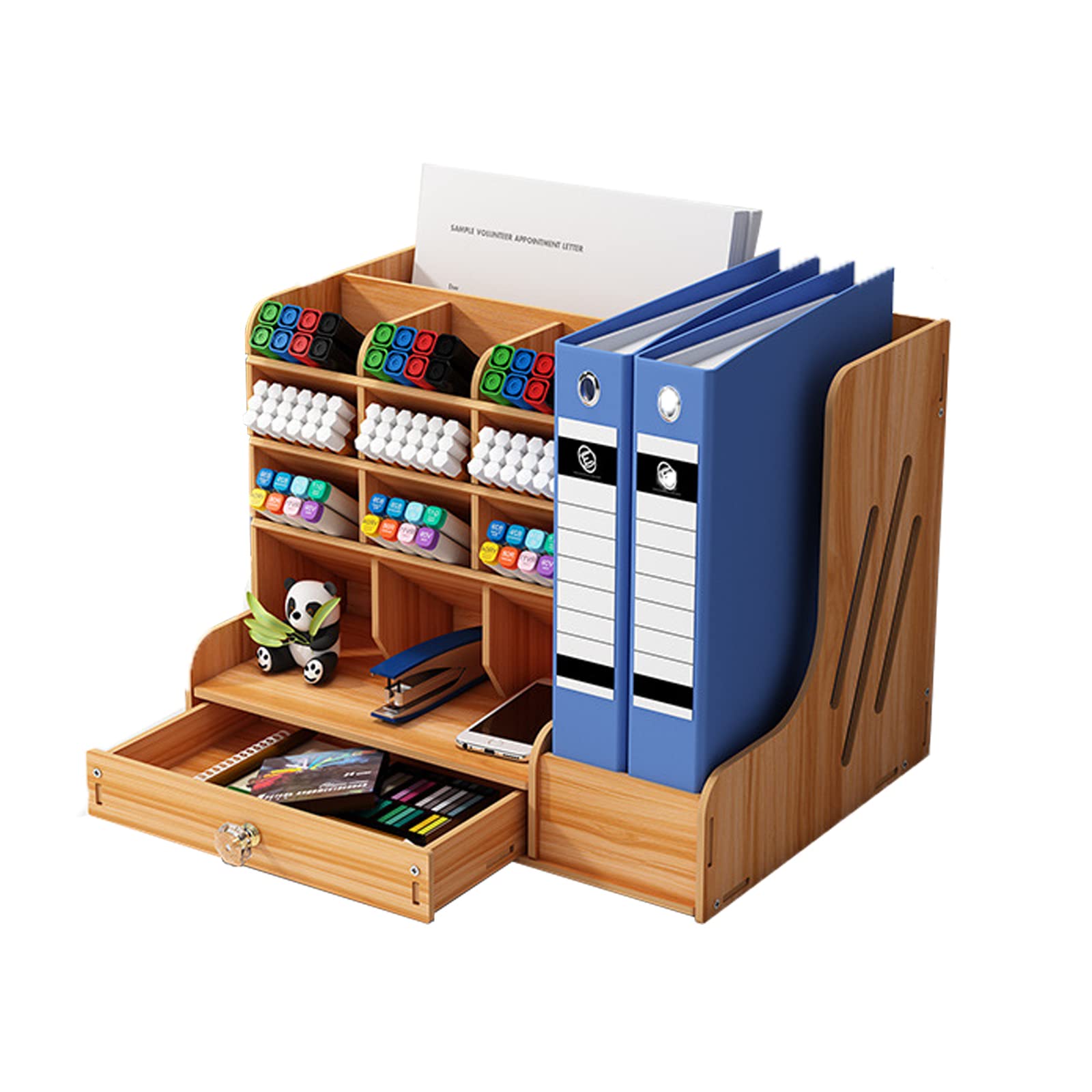 Catekro Desk Organizer,Desk Storage Box Wooden Multi-Function Drawer Desk Storage Box Stationery Storage Pen Holder For Office, School And Home (Large-Brown)