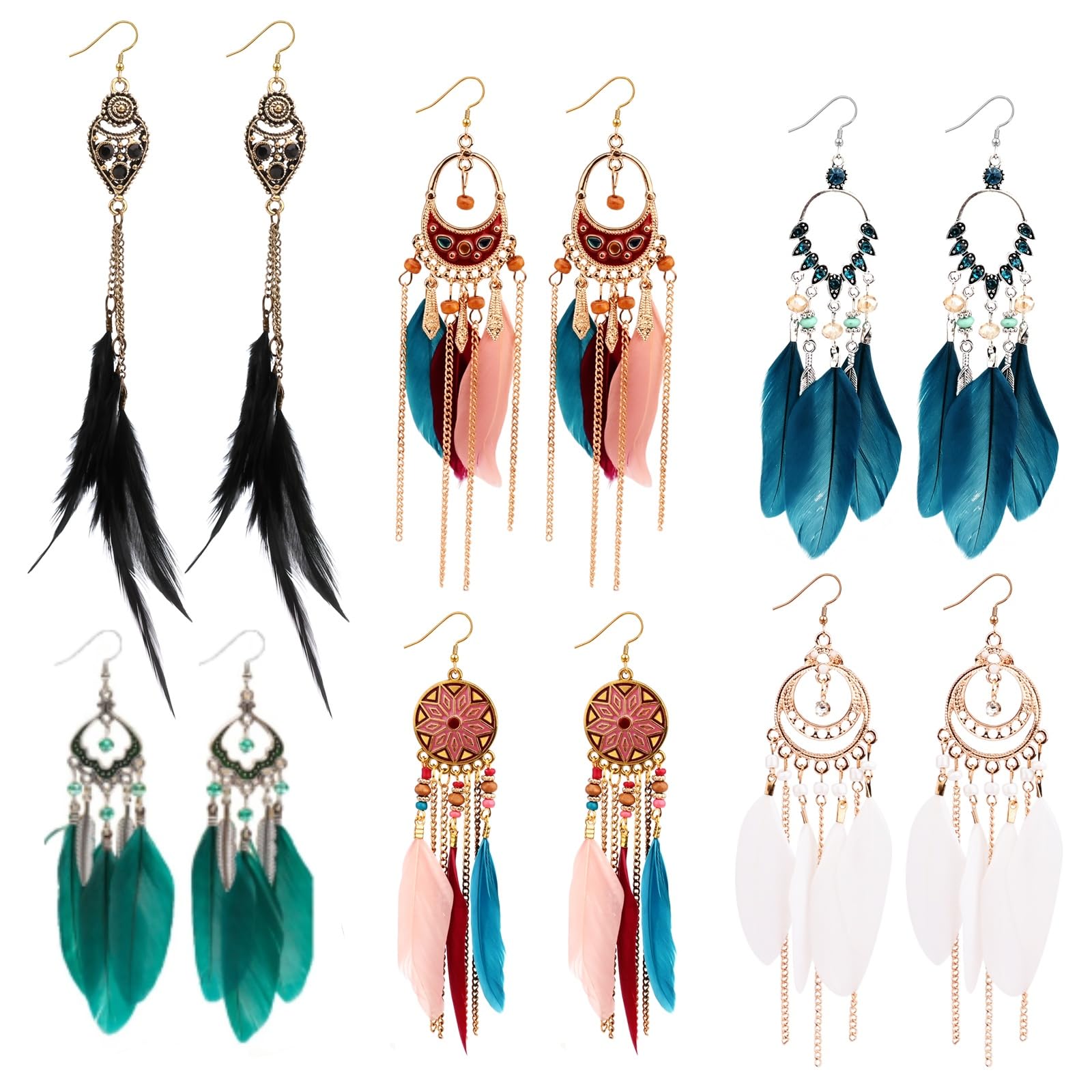 Bohemian Feather Earrings for Women,6 Pairs Bohemian Faux Feather Earrings Feathers Tassel Ethnic Retro Boho Dangle Earring Feathers Bohemia Fringe Earring Tassel Long Drop Dangle Earring (D)