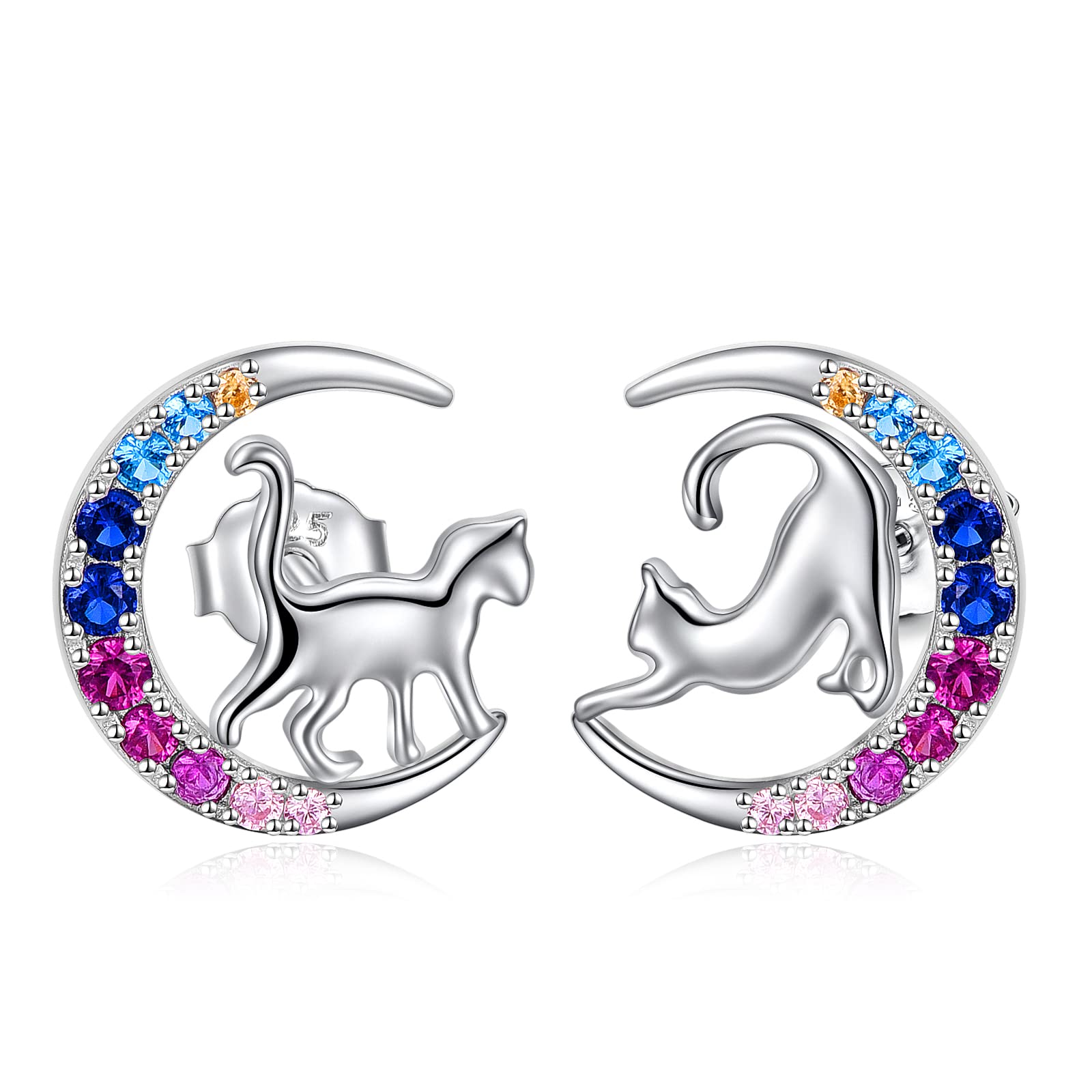 YFN Cat Earrings Sterling Silver Cat Moon Stud Earrings Gifts for Women Girls
