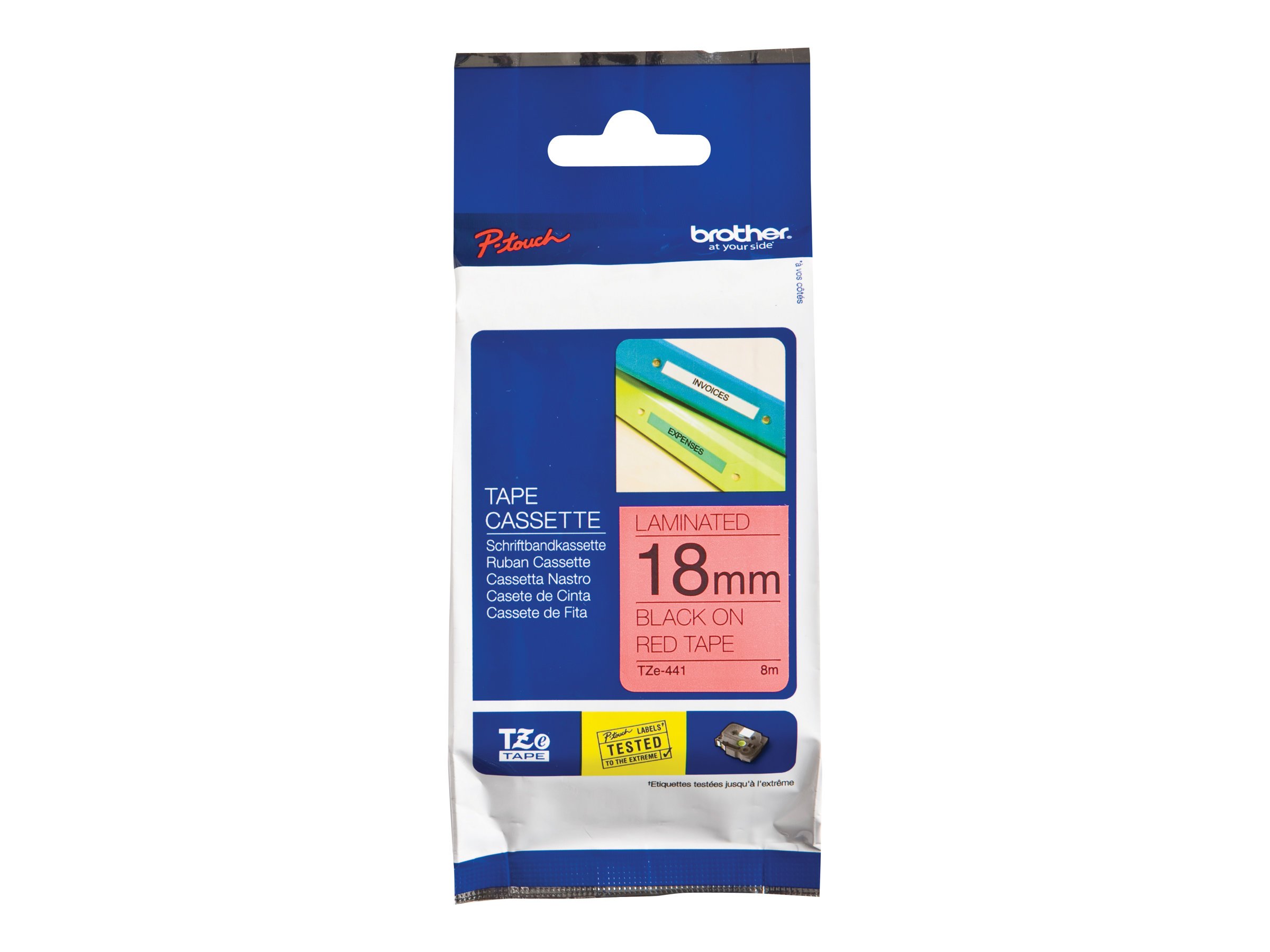 Brother TZe-441 Labelling Tape Cassette, 18 mm (W) x 8 m (L), Laminated, Brother Genuine Supplies - Black on Red