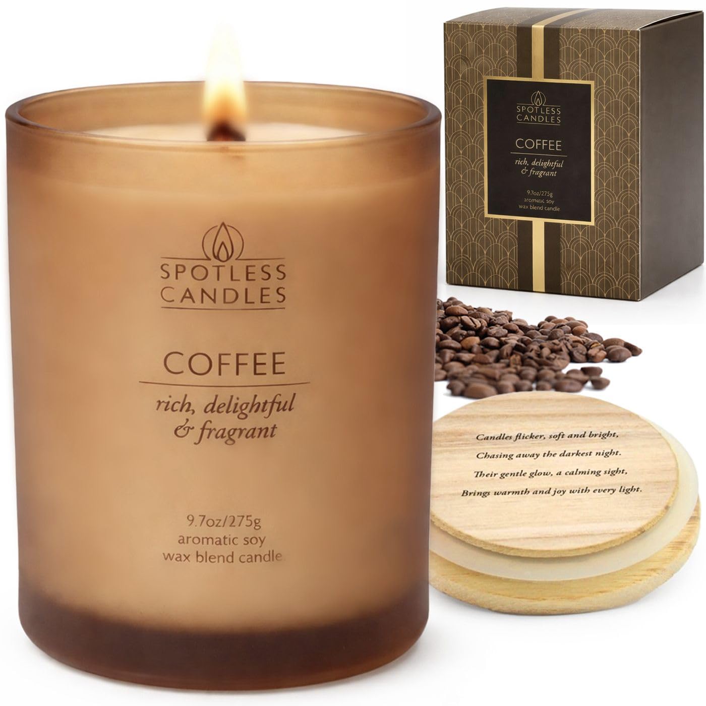 Coffee Candle - 9.7oz 55 Hrs Burn Time - Frosted Jar Candles with Wooden Wick in Gift Box with Gold Foil Strip for Elegence - Coffee Scented Candle