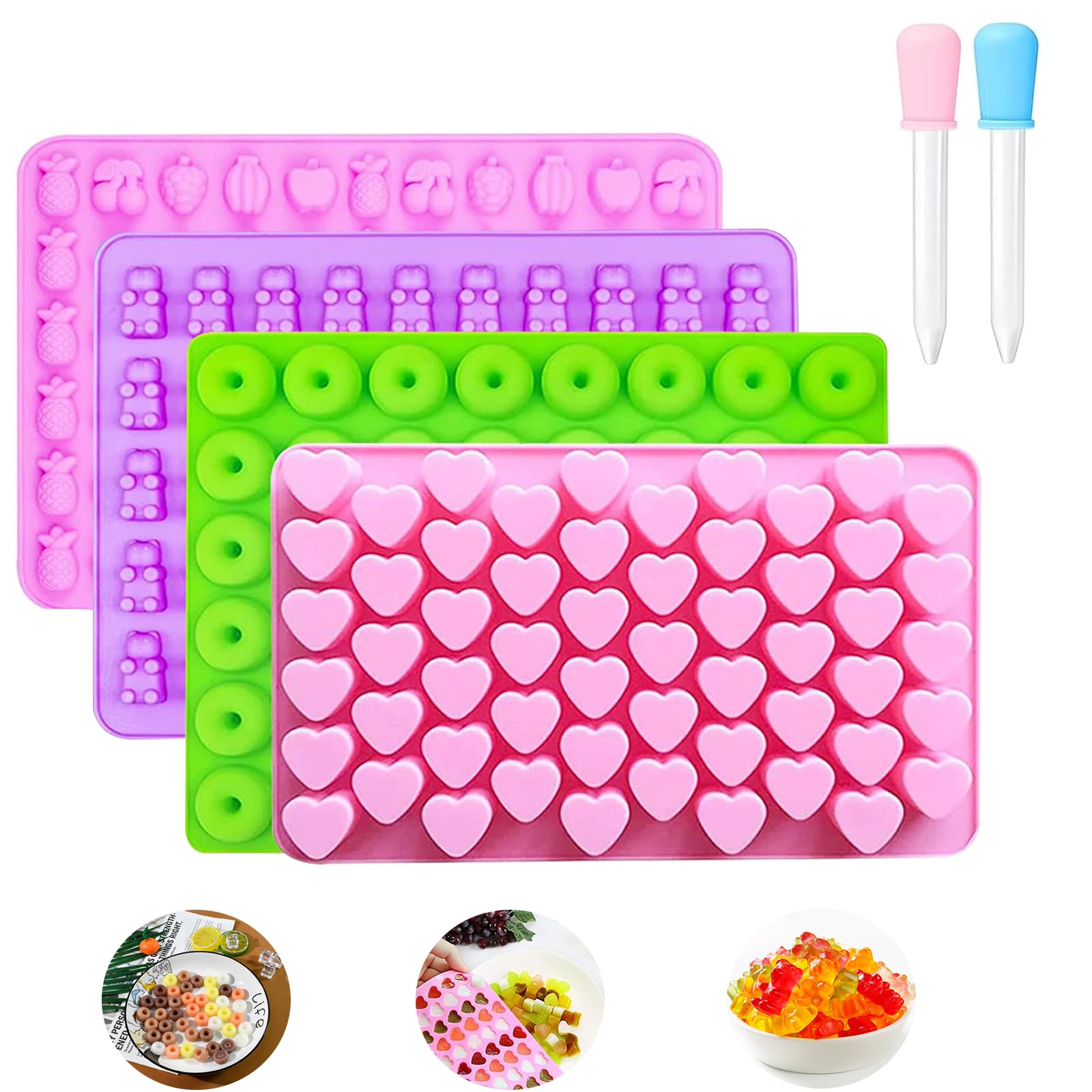 Gummy Moulds, 4Pcs Silicone Sweet Moulds, Heart Candy Gummy Molds, Chocolate Molds, Baking Mold Set with 2 Droppers for Chocolate Candy Jelly Ice Cubes