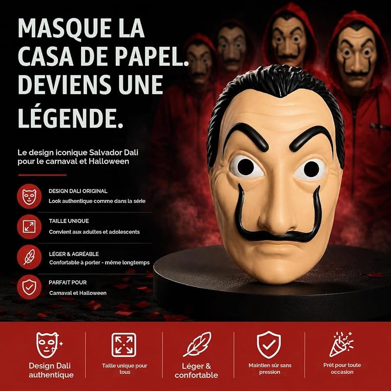 1x Salvador Dali Masque Costume - House of Money déguisement casa del papel Bella Ciao House connu de House of Money - Carnaval, Mardi gras, Halloween — photo 2 sur 8