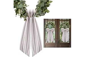 LINGRINGDCY 2 Pack Wreath Sash for Front Door Stripe Boxwood Sash Garland Porch Decor Wreath Accessories (Beige and White Stripe)