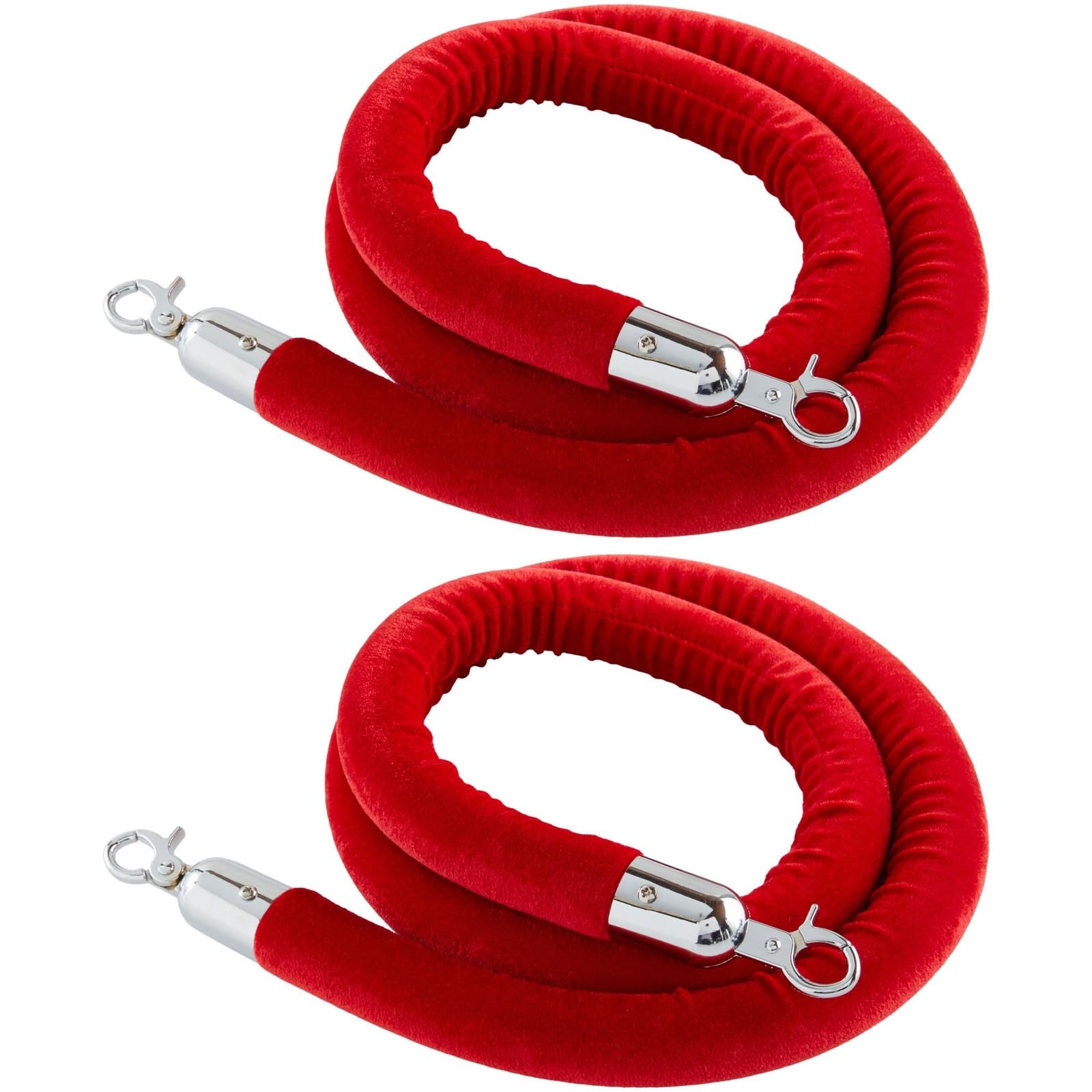 Set of 2 Red Velvet Stanchion Rope, 5-Foot Crowd Control Barriers with Polished Silver Hooks (1.5 m)