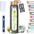 Aqulea Glass Water Bottles with Silicone Sleeve - BPA Free Reusable Wide Mouth Glass Motivational Water Bottles with Fruit Infuser – Leak Proof Borosilicate Water Bottle with Time Marker