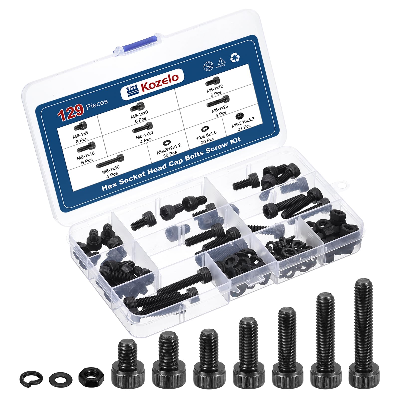 Kozelo 129pcs M6 Socket Head Cap Screws Bolts Nuts Assortment Kit - [M6x8/10/12/16/20/25/30mm] Alloy Steel Fully Threaded Black Oxide 12.9 Internal Hex Screw for 3D Printer Use