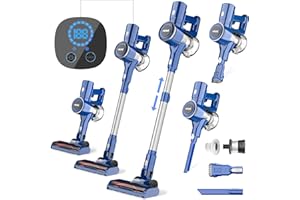 Huije Cordless Vacuum Cleaner,28Kpa 380W Stick Vacuum with LED Display&Headlights,6-in-1 Rechargeable Vacuum,45mins Max,Lightweight Vacuum for Hardwood Floor Low-Pile Carpet Pet Hair