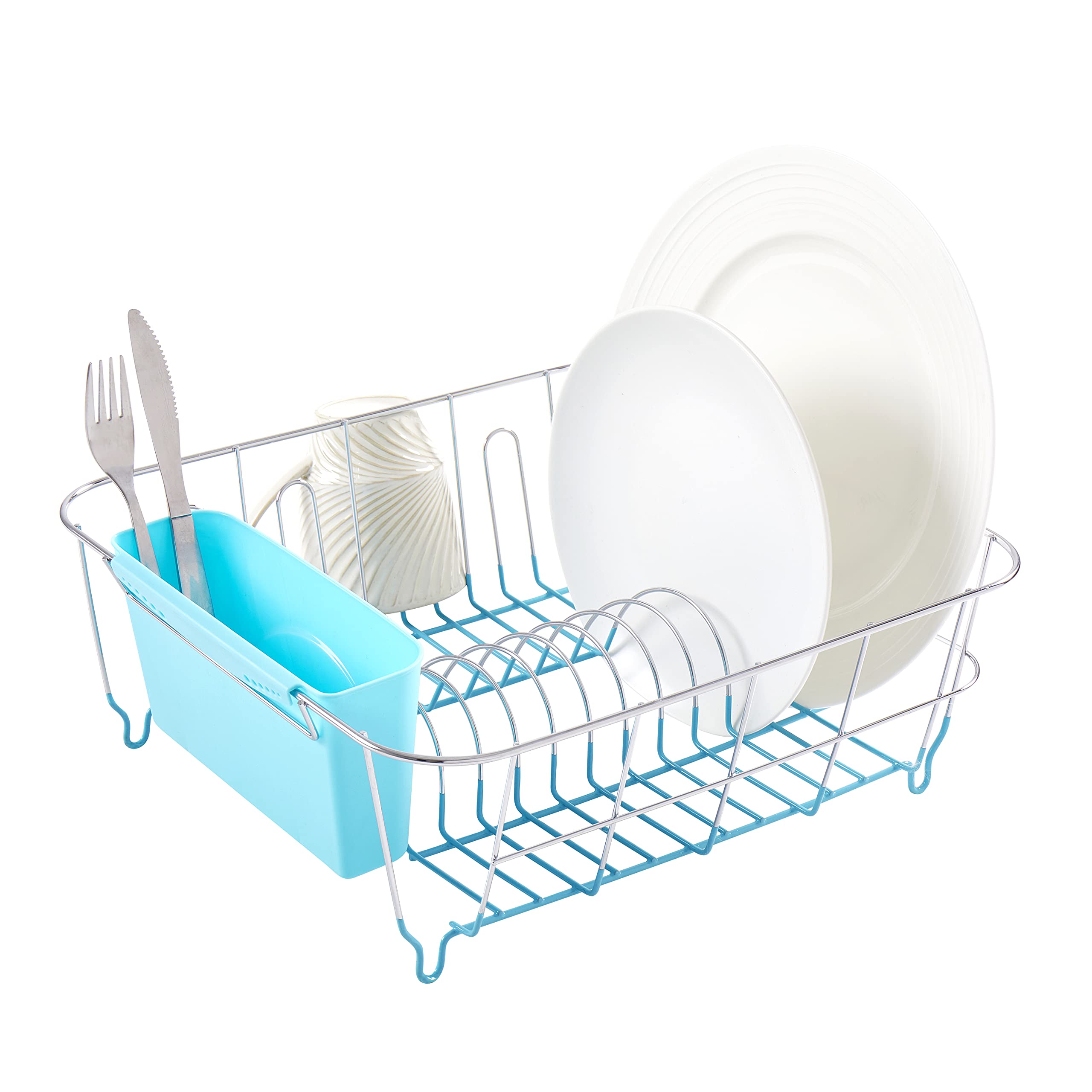 Sweet Home Collection 2 Piece Dish Drying Rack Set Drainer with Utensil Holder Simple Easy to Use Fits in Most Sinks, 14.5" x 13" x 5.25", Turquoise Blue (Pack of 12) Image