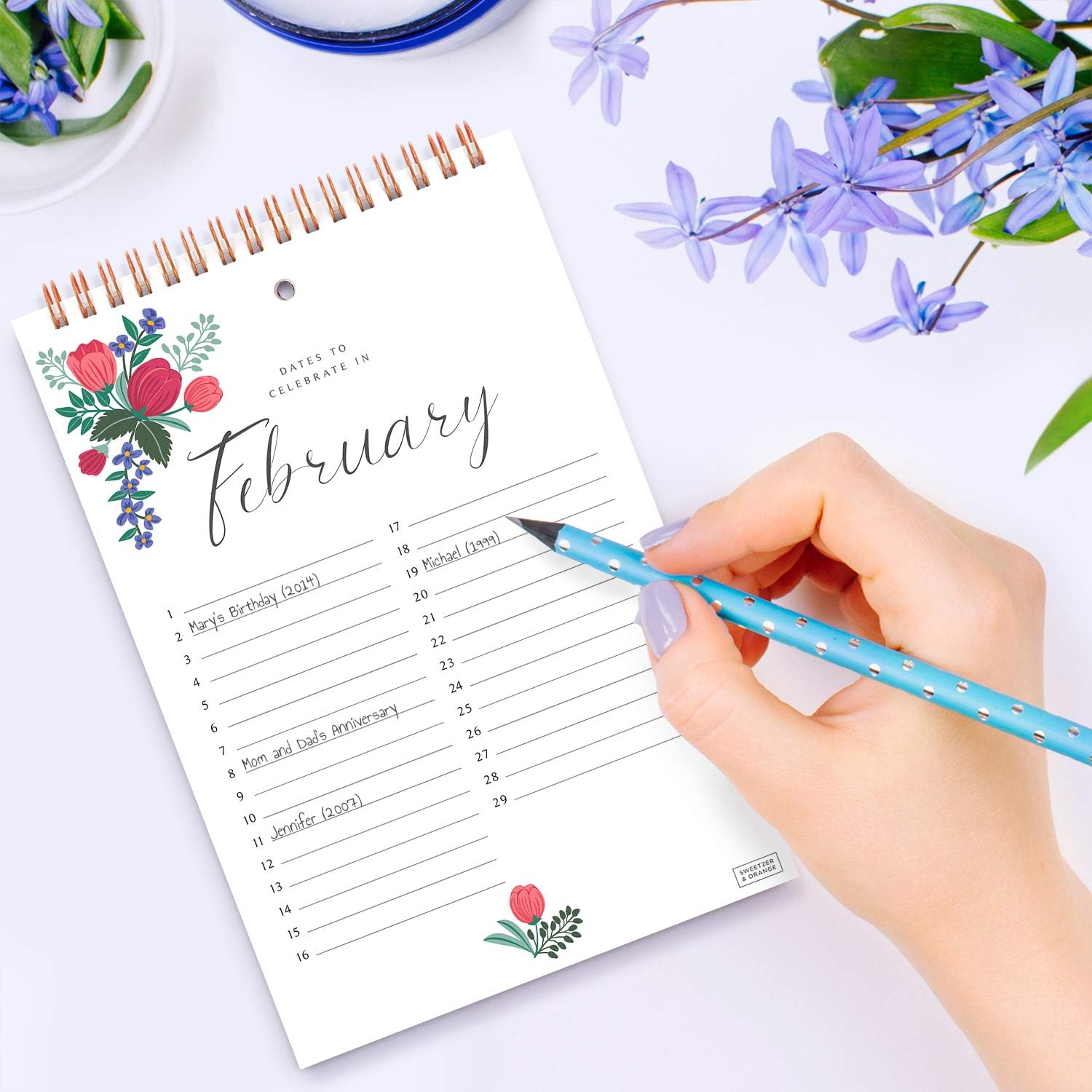 Sweetzer & Orange Perpetual Calendar. 12 Month Office or Family Wall Timetable. 6x9” Floral Flip Scheduler Design. Timeless Birthday Calendar Wall Hanging - Image 4