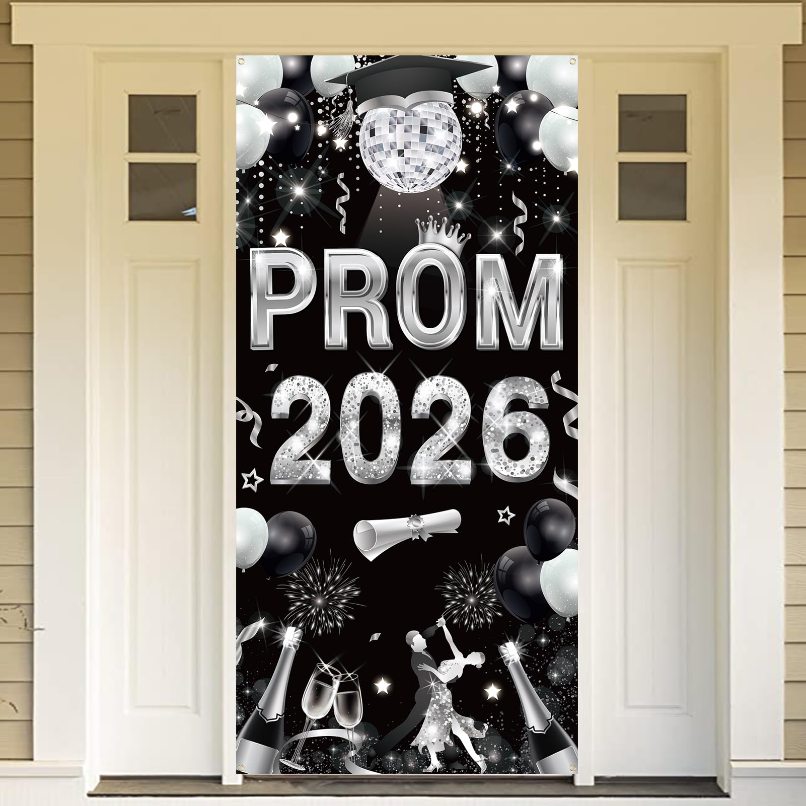HOWAF Prom 2026 Banner Prom Decorations 2026, Black Silver Fabric Class of 2026 Graduation banner 2026 Door Banner Photo Booth Props for Graduation Decorations 2026 School Party Decoration