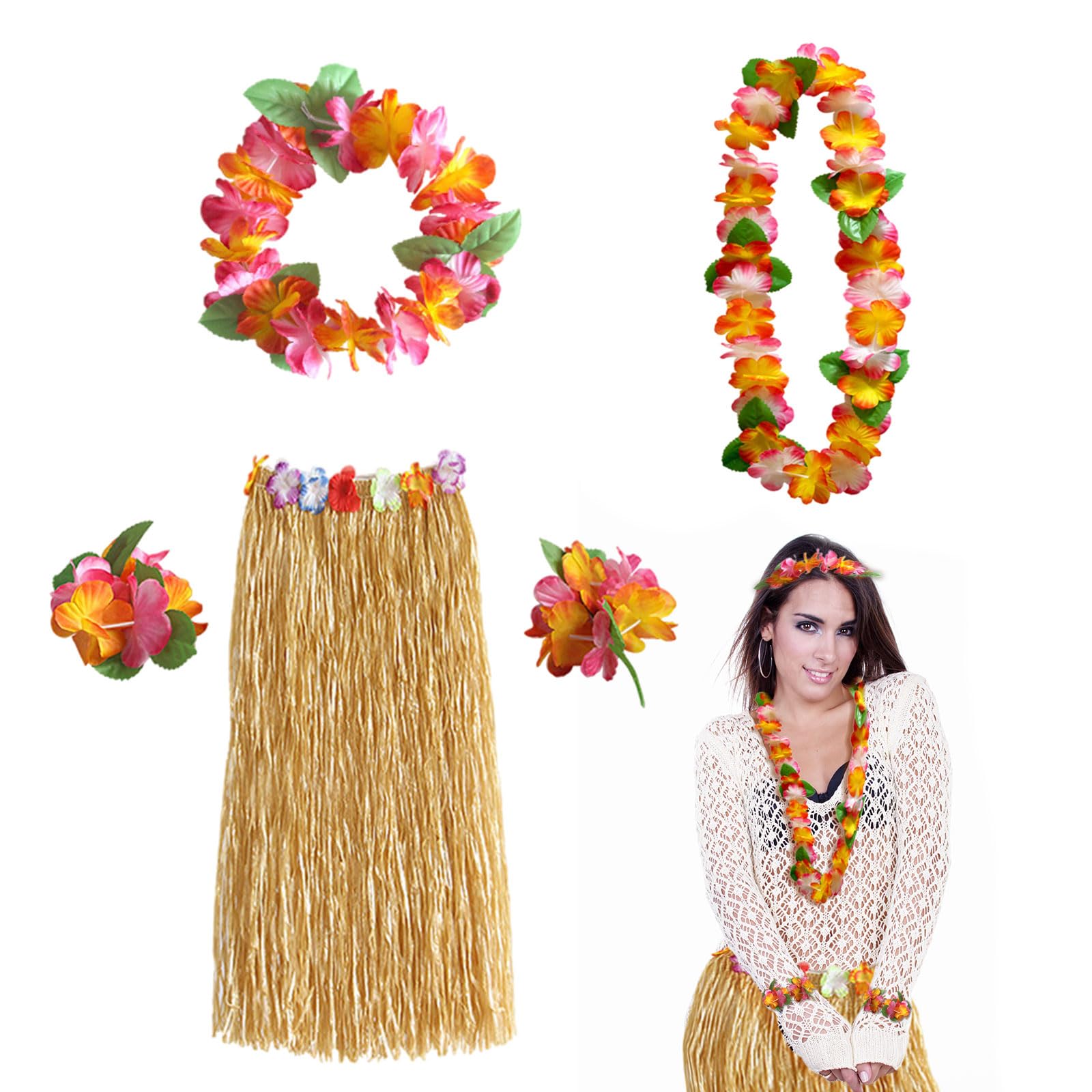 FUIPVGI Hawaiian Hula Skirt Costume Set, Hawaiian Garlands Hula Grass Skirt Set for Adults, Hawaiian Party Fancy Dress, Hawaii Leis, for Hawaii Costume Tropical Luau Party Supplies (5 Pcs)