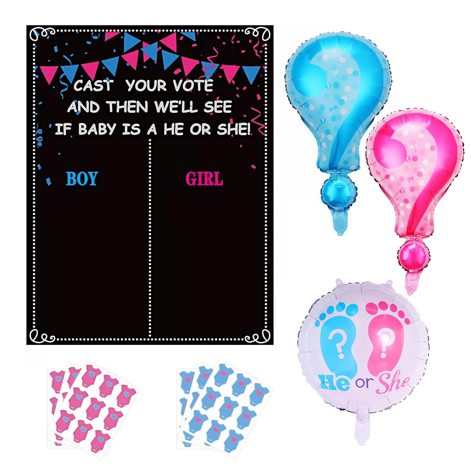 1 Set of Baby Gender Voting Board with 54 Gender Stickers, 3 Pieces of Gender Reveal Balloons, Gender Reveal Voting Board, Reveal Creative Games, Suitable for Gender Reveal Parties