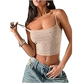 BEAUDRM Women's Rhinestone Cami Crop Top Y2K Square Neck Sleeveless Fitted Camisole Going Out Tops