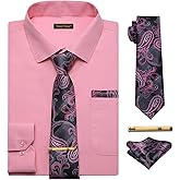 YourTies Mens Dress Shirt and Tie Set Soild Color Long Sleeve Button Down Wrinkle Free Shirts Formal Business Wedding