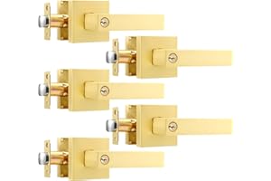 Leydebong 5 Pack Gold Door Lever Keyed Alike Entry Door Handle with Lock, Heavy Duty Entrance Knobs Reversible for Left/Right Handed for Office or Front Door with Satin Brass Finish