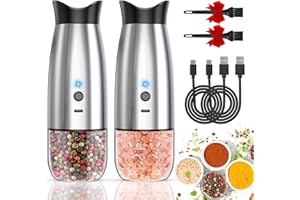 PAFCGI Gravity Electric Salt and Pepper Grinder Set, USB Rechargeable, No Battery Needed, Adjustable Coarseness, Automatic Mill Grinder with Warm LED Light, One Hand Operated for Kitchen, Restaurant, Outdoor