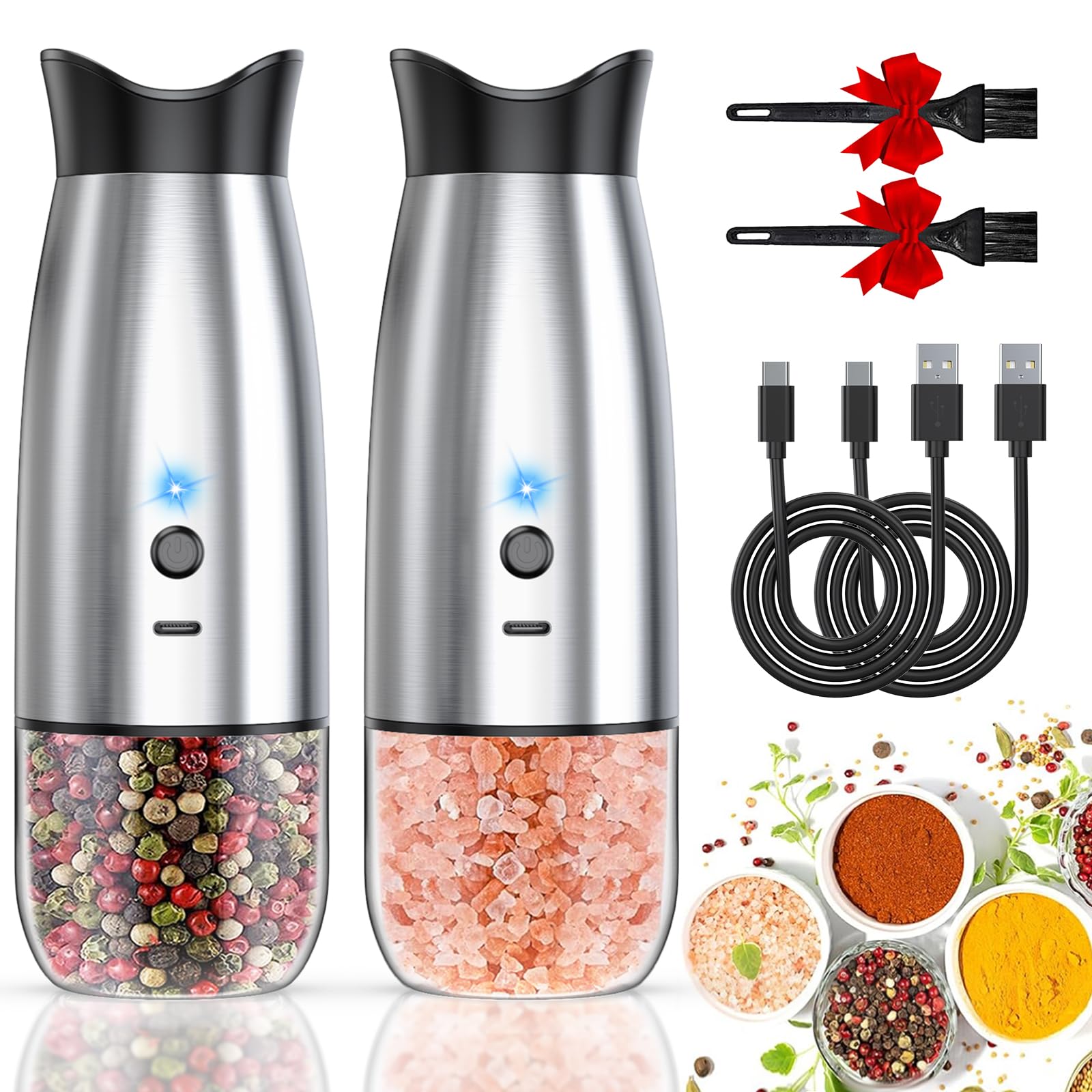 Photo 1 of Gravity Electric Salt and Pepper Grinder Set, USB Rechargeable, No Battery Needed, Adjustable Coarseness, Automatic Mill Grinder with Warm LED Light, One Hand Operated for Kitchen, Restaurant, Outdoor