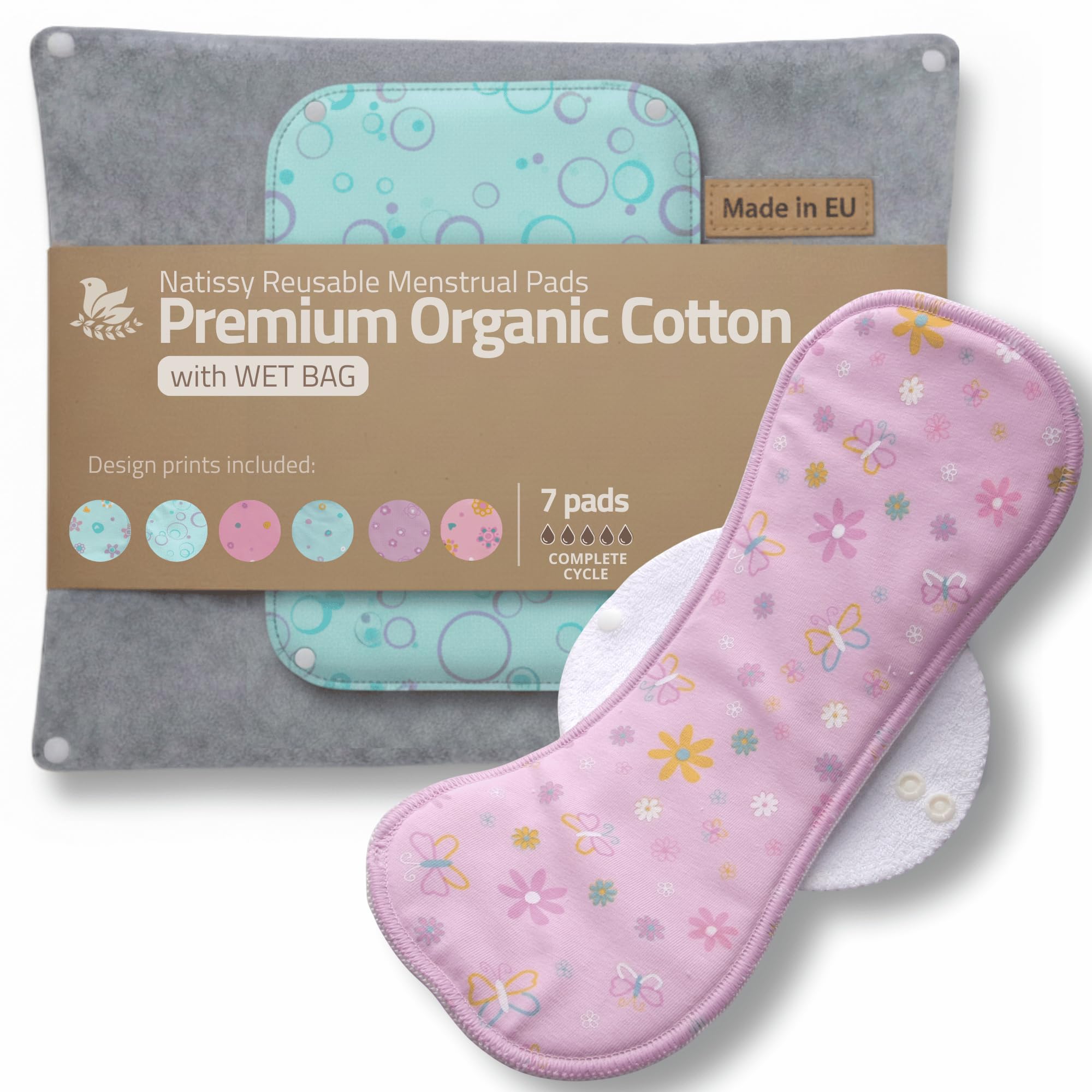 Made in EU – Reusable Sanitary Pads for Light to Heavy Flow - 7 Pack (S, M, L & XL) – High-Temp Washable Cloth Period Pads for Women – Ultra Soft Organic Cotton & Secure Fit for Menstrual Comfort